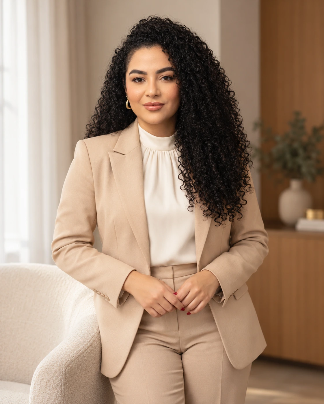 Retrato de divulgação de Táti Moraes Araújo em conjunto social champagne
