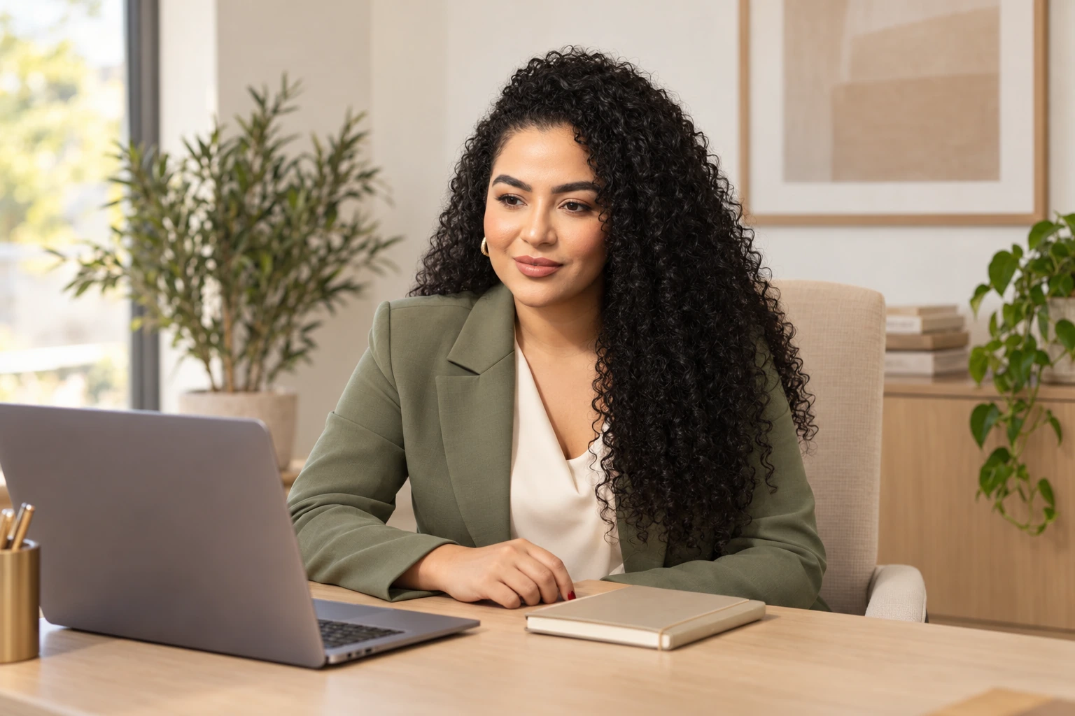 Imagem de divulgação da psicóloga Táti Moraes com blazer verde, junto a um notebook