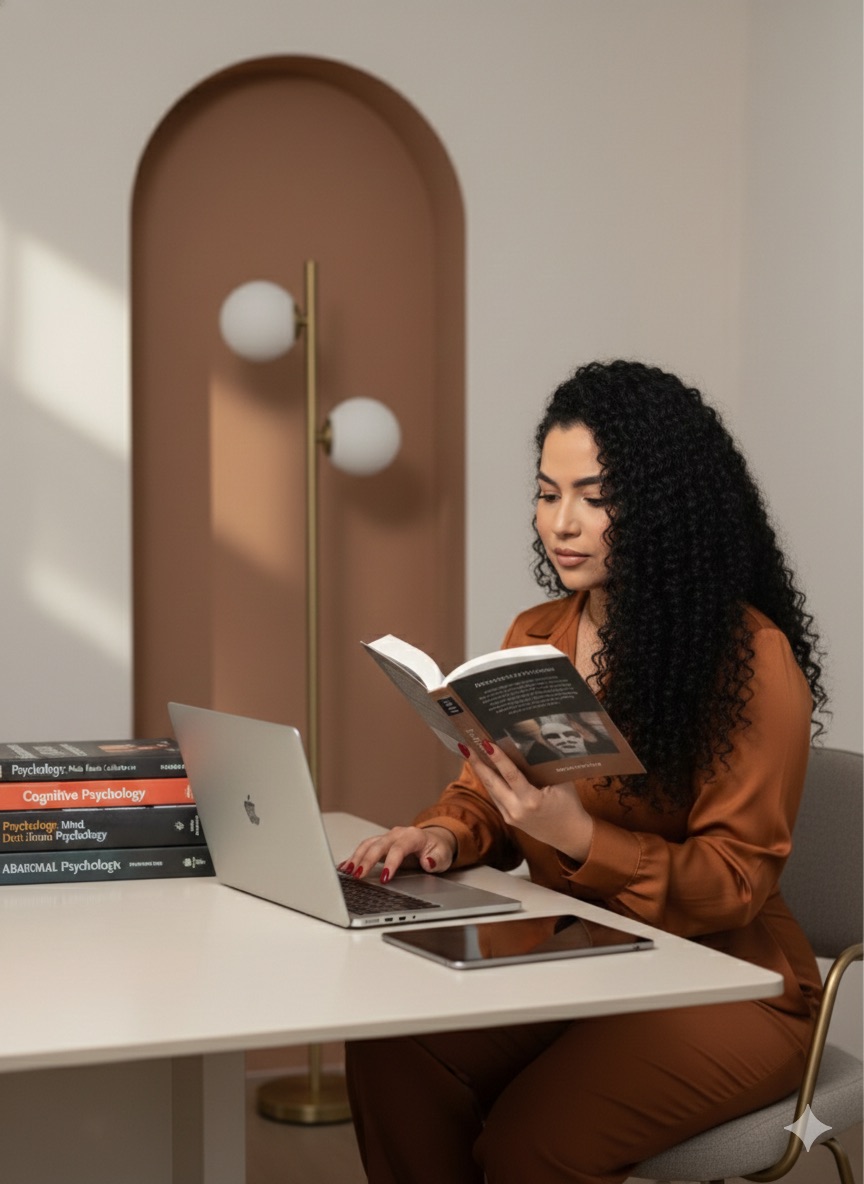 Táti lendo um livro à mesa, ao lado de um notebook