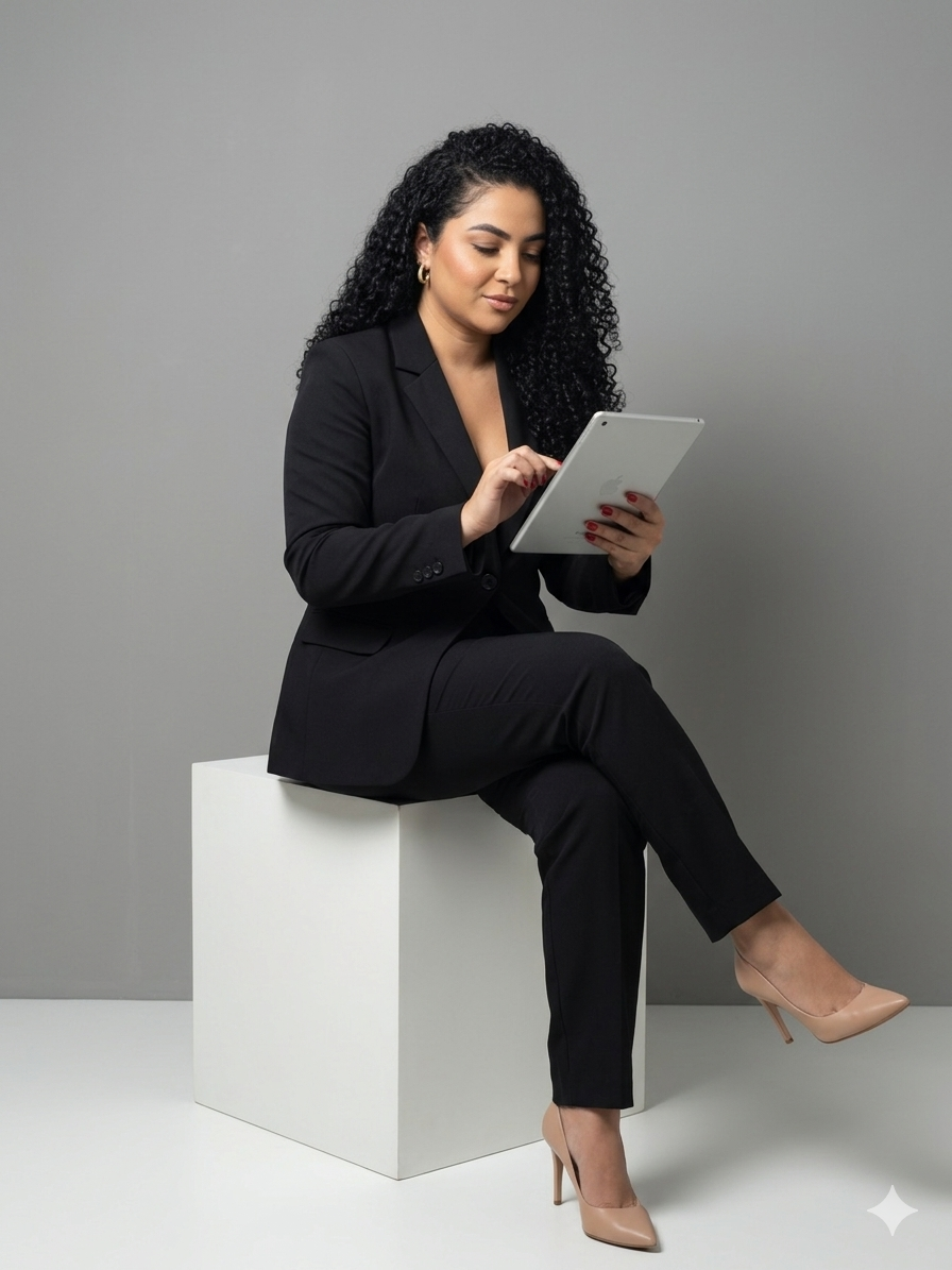 Táti de terno preto, sentada e usando um tablet