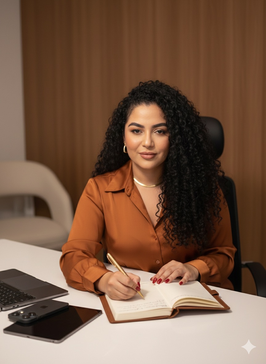 Táti Moraes à mesa, com um caderno aberto